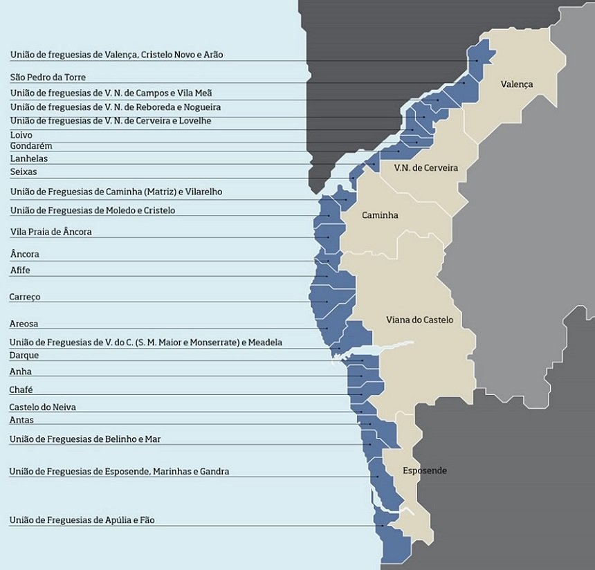 Na imagem vê-se o mapa com a área de abrangência do GAL Costeiro do Litoral Norte